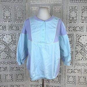 FLAW Vtg 80's Blue Purple Colorblock Retro Henley Shirt Womens Medium Pastel